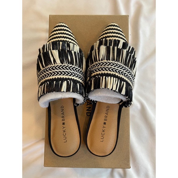 Lucky Brand Shoes - Lucky Brand Baoss Mules Black Natural Woven Pele Tape Fringe Pointed Toe Flats